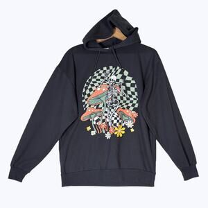 Cut & Paste Mushroom Skeleton Graphic Hoodie Black Sz M Psychedelic Checkerboard
